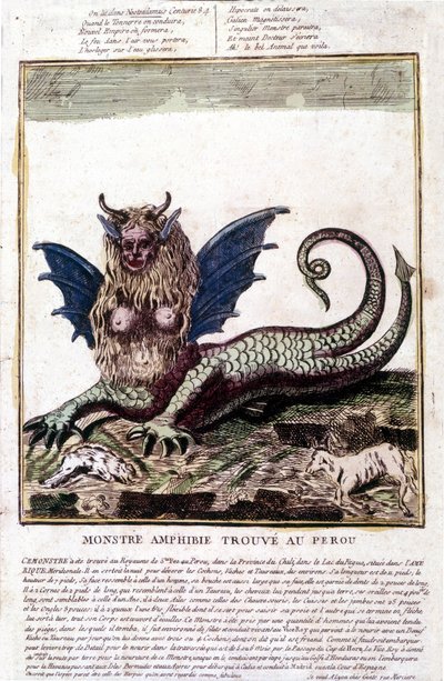 Representación de un monstruo encontrado en un lago de Perú: tiene cara humana, cuernos, alas de dragón, melena de león, cuerpo de reptil, pecho de mujer. Estampa popular del siglo XVIII. de Unknown artist