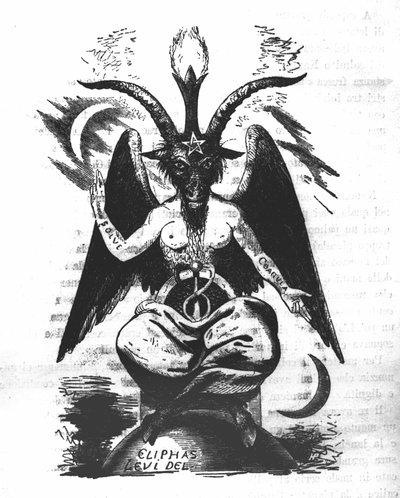 Representación del Baphomet: un monstruo con cabeza de cabra y cuerpo de mujer con citas alquímicas en los brazos 