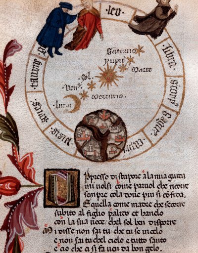 Representación del poeta italiano Dante Alighieri y el sistema ptolemaico - Miniatura de Unknown artist
