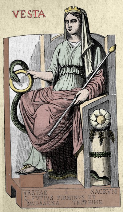 Representación de la diosa romana Vesta, deidad de los Penates (asimilada a Hestia), es la diosa del Hogar, el campo y el pan de Unknown artist
