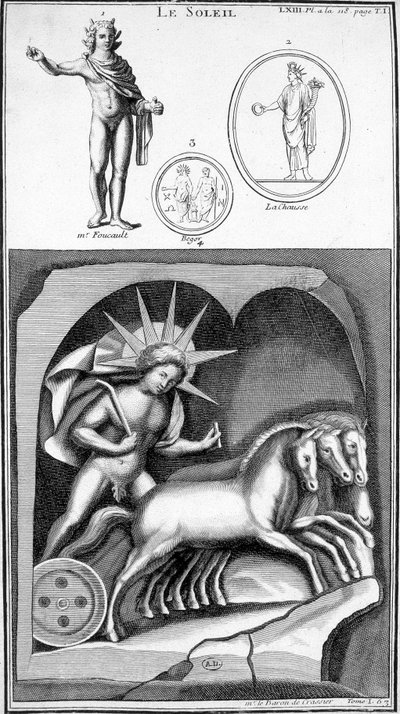 Representación del Sol y Apolo. Imágenes extraídas de representaciones antiguas. Grabado siglo XIX de Unknown artist