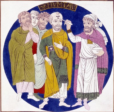Representación de la consagración de un obispo que data del siglo XIX después de una pintura sobre vidrio realizada en la época del Abad Suger de Unknown artist