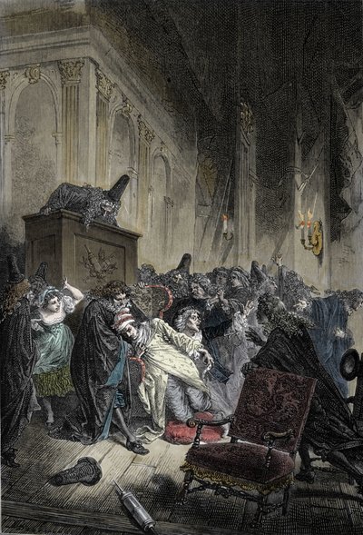 Representación de la muerte de Jean-Baptiste Poquelin, dit Moliere (1622-1673), muerte por congestión pulmonar durante una representación de "El enfermo imaginario" el 17/02/1673 de Unknown artist