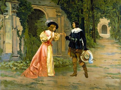 Representación del intercambio del anillo entre Edgar y Lucía en el Acto I de la ópera “Lucia di Lammermoor” de Gaetano Donizetti. de Unknown artist