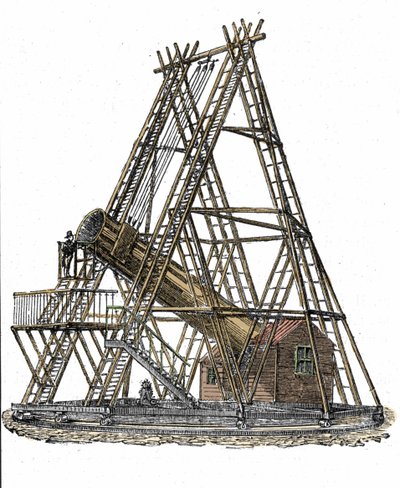 Representación del telescopio del astrónomo inglés William Herschel (1738-1822). Grabado del siglo XIX de Unknown artist