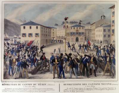 Revolución del Cantón de Ticino en Suiza el 5 de diciembre de 1859. Grabado del siglo XIX. de Unknown artist