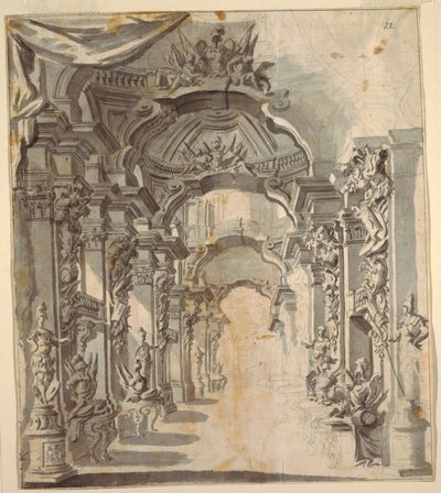 Galería ricamente decorada (con trofeos en pedestales) de Unknown artist