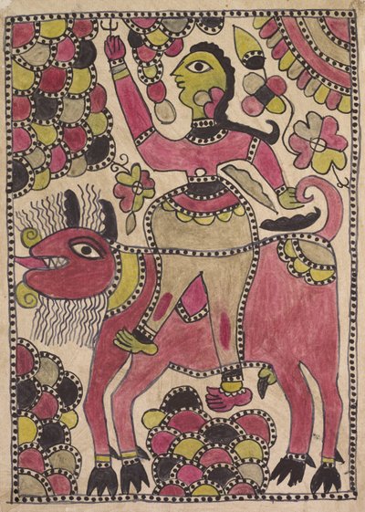 Jinete y criatura bovina de cuatro patas en paleta malva, chartreuse y negra de Unknown artist