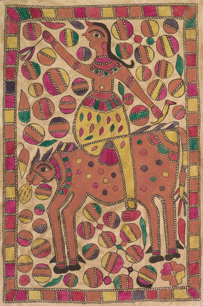 Jinete y criatura bovina de cuatro patas con borde de cuadrados de colores de Unknown artist