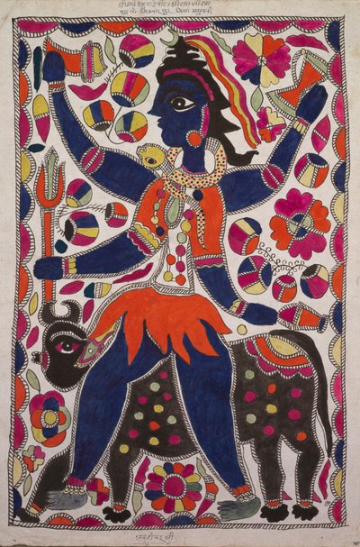 Jinete y criatura bovina de cuatro patas con borde de cuadrados de colores, paleta morada, naranja y magenta con inscripción en la parte superior e inferior de Unknown artist