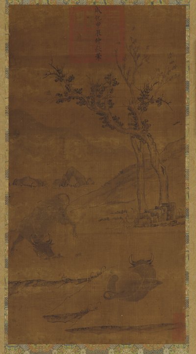 Paisaje fluvial: Dos búfalos de agua y un pastor durmiendo de Unknown artist