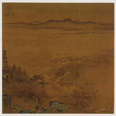 Paisaje fluvial: una pagoda, rápidos espumosos, colinas distantes de Unknown artist
