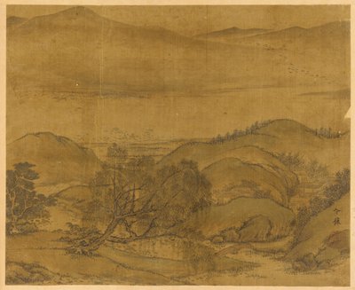 Paisaje fluvial: un sauce y otros árboles, colinas onduladas y una alta cordillera de Unknown artist