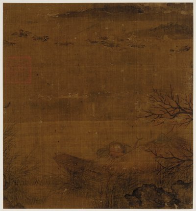 Escena de río: un hombre dormido en un bote - patos nadando de Unknown artist