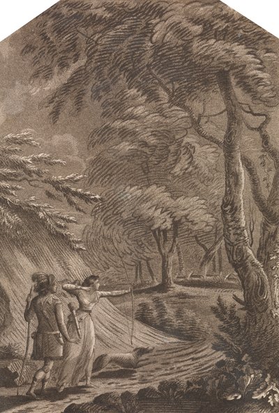 Robin Hood y Clarinda cazando ciervos en un paisaje boscoso de Unknown artist