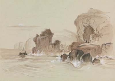 Costa rocosa con pequeño barco de pesca de Unknown artist