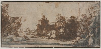 Entrada Rocosa con Barcos y Edificios (recto) de Unknown artist