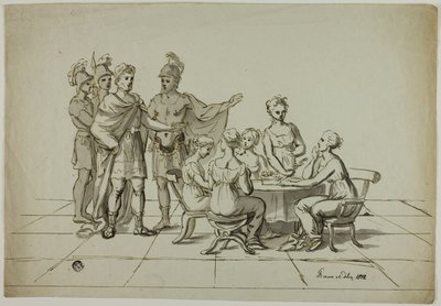 Emperador romano acercándose a un grupo de mujeres sentadas en una mesa de Unknown artist