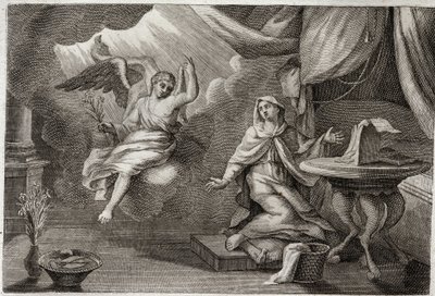 Biblia de Royaumont, Nuevo Testamento: Anunciación de la Virgen. El arcángel Gabriel ha venido a entregar un mensaje a María. Ilustración de 1811 de Unknown artist