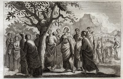 Biblia de Royaumont, Nuevo Testamento: Conversión de Zaqueo. Jesucristo hablando con Zaqueo subido al sicomoro. Ilustración de 1811. de Unknown artist