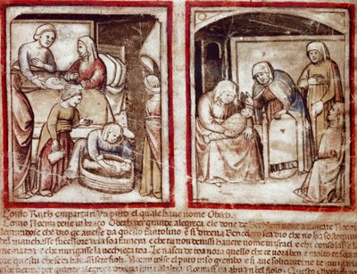 Rut da a luz a Obed, hijo de Booz. Miniatura del códice 212 (o códice padovano o Biblia de Padua) 1390-1400 Rovigo, Accademia dei Concordi de Unknown artist