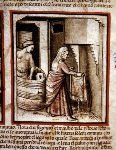 Rut se arregla con la ayuda de su suegra Noemí antes de dormir en la cama de su esposo Booz. Libro de Rut. Miniatura del códice 212 (o códice padovano o Biblia de Padua) 1390-1400 Rovigo, Accademia dei Concordi de Unknown artist