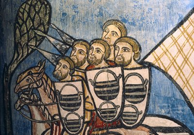 ESPAÑA. CASTILLA Y LEÓN. Valladolid. Monasterio de San Bernardo de Valbuena. Grupo de soldados cristianos a caballo. Escuela castellana. Siglo XIV. Pintura al fresco sobre "La Reconquista". Arte Gótico de Unknown artist