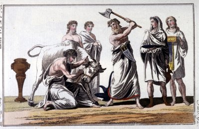 Sacrificio de un toro entre los celtas. Grabado del siglo XIX. de Unknown artist