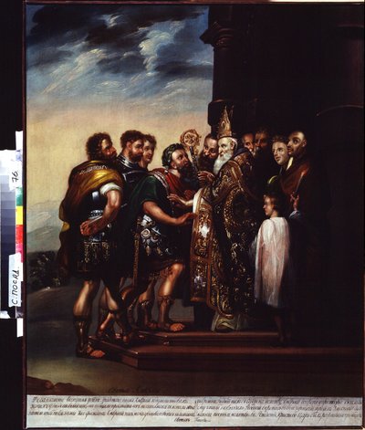 San Ambrosio y el Emperador Teodosio I (San Ambrosio y el Emperador Teodosio). Excomunión de Teodosio I (Flavio Teodosio o Teodosio el Grande (347-395), emperador romano del 379 al 395) por Ambrosio de Milán (Aurelius Ambrosius, 340-397). Pintado de Unknown artist