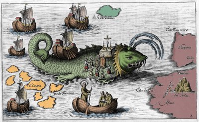 San Brendan (Brandan), héroe y santo irlandés del siglo VI, celebrando misa en la espalda de la ballena gigante Jasconius. Leyenda dice que su barco fue llevado en la espalda de una ballena. Grabado colorido del siglo XVII de Unknown artist