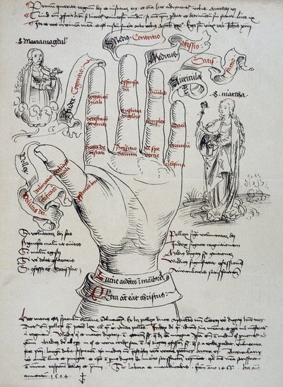 Santa Brígida, con sus dones de visionaria, es invocada para conocer la fecha de muerte de una persona, leyendo las líneas de la mano. Santa María Magdalena y Marta aparecen a cada lado de la mano. de Unknown artist