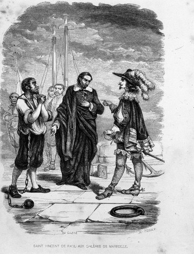 San Vicente de Paúl intercediendo a favor de un convicto con un oficial en las galeras de Marsella - en “Les Bagnes: histoire, types, moeurs, mystère” por Maurice Alhoy, ed. Gustave Havard de Unknown artist