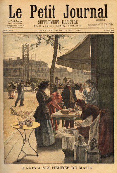 Vendedora de sopa y café con leche, bajo las puertas cocheras a las 6 am para el desayuno al aire libre de los trabajadores parisinos. Grabado en "Le petit journal" 14/07/1895. Colección de Selva. de Unknown artist