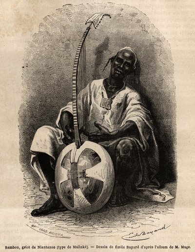 Sambou, el griot de Niantanso (Malí) (tipo Malinke: lengua de África Occidental (Guinea, Senegal, Malí y Costa de Marfil), poeta, músico, historiador y narrador, el griot es el depositario de la memoria colectiva de un pueblo. Grabado para ilustrar la hist de Unknown artist