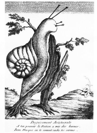 Dibujo satírico: disfraz aristocrático (un caracol en un tocón): "A tu poder la Nación puso los límites, hermosa máscara te conocemos, oculta tus cuernos" - 1790, Museo Carnavalet de Unknown artist