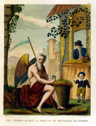 Dichos: "Con tiempo y paja maduran los nísperos y las bellotas" (el tiempo lo madura todo), Ilustración de una colección de proverbios. Siglo XIX de Unknown artist