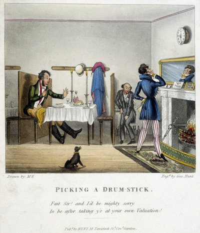 Escena que representa a tres hombres en un restaurante inglés. Uno de ellos (el hombre sentado), borracho, se disculpa irónicamente con el hombre que se mira en el espejo por robarle su parte de pollo. Ilustración de M. E. de finales del siglo XIX de Unknown artist