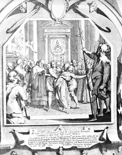 Escena de exorcismo de una mujer poseída usando la Madonna de Monsummano en 1630. de Unknown artist
