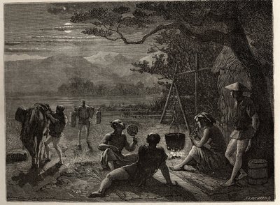 Escena de descanso en el campo, a la luz de la luna, se colocan esteras en el suelo después del día de trabajo. Grabado para ilustrar el viaje a Japón en 1863-1864, por Aime Humbert, ministro de la Confederación Suiza, en “Le tour du monde, nouveau journal de Unknown artist
