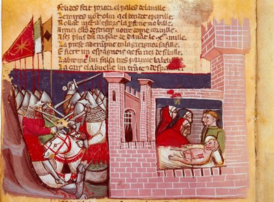 Escena de la Batalla de Roncesvalles en 778. Batalla entre el ejército de Carlomagno y los sarracenos donde murió el caballero Roldán. Está representado a la derecha. Miniatura del códice “La Entrada de España” (Ms.Franc.21) Siglo XIV. Venecia, Biblioteca de Unknown artist