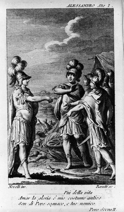 Escena del primer acto de Alexandre aux Indes (Alessandro nelle Indie), ópera del compositor Niccolo Vito Piccinni (1728-1800) (1758) después de un libreto de Pietro Metastasio. Grabado de finales del siglo XVIII de Unknown artist