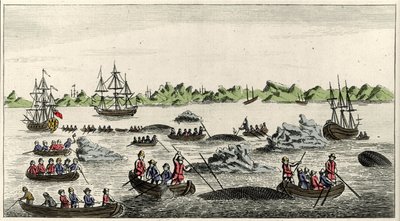 Escena de pesca de ballenas en Groenlandia en el siglo XVIII, impresión popular anónima de la época. de Unknown artist