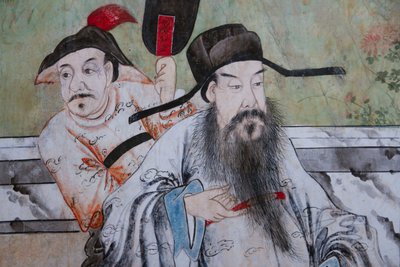 Escenas de la vida cotidiana en China (detalle del papel tapiz chino, gabinete chino, residencia de caza, por Filippo Juvarra, Stupinigi, Piamonte, Italia) de Unknown artist