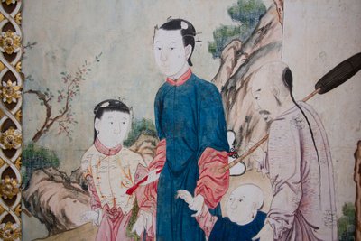 Escenas de la vida cotidiana en China (detalle del papel tapiz chino, gabinete chino, residencia de caza, por Filippo Juvarra, Stupinigi, Piamonte, Italia) de Unknown artist