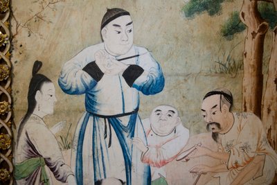 Escenas de la vida cotidiana en China (detalle del papel tapiz chino, gabinete chino, residencia de caza, por Filippo Juvarra, Stupinigi, Piamonte, Italia) de Unknown artist