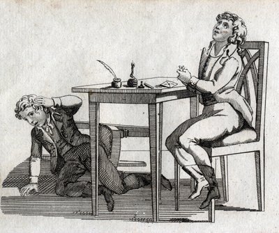 Escolares con una mesa con tintero. Grabado finales del siglo XVIII. Colección privada. de Unknown artist