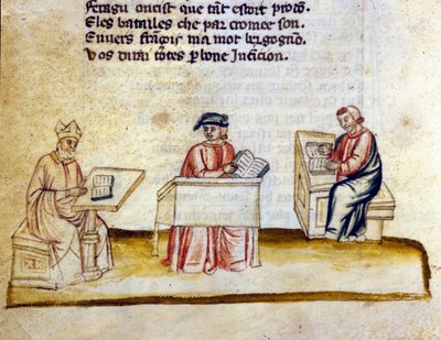 Científicos estudiando en un monasterio. Miniatura del manuscrito franco-italiano "Entrée d
