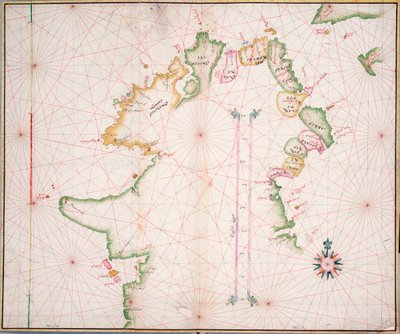 Carta marina de la costa norte de Irlanda, c.1600 (papel, lino) de Unknown artist