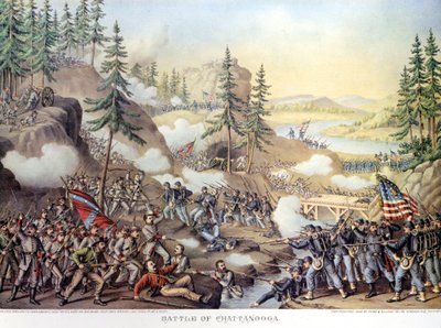 Guerra de Secesión (1861 - 1865) o Guerra Civil Americana: 24-25/11/1863: después de dos días de batalla en Chattanooga, Tennessee, victoria del Ejército del Norte comandado por el General Rosecrans. Grabado de Unknown artist