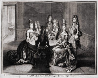 Segunda Sala de los Apartamentos (Versalles): 1. Monseñor, 2. Madame Princesa de Conty Viuda, 3. Monsieur el Duque de Borbón, 4. Madame la Duquesa de Borbón, 5. Monsieur de Vendôme, Gran Prior de Francia. Grabado de Trouvain, principios del siglo XVIII de Unknown artist